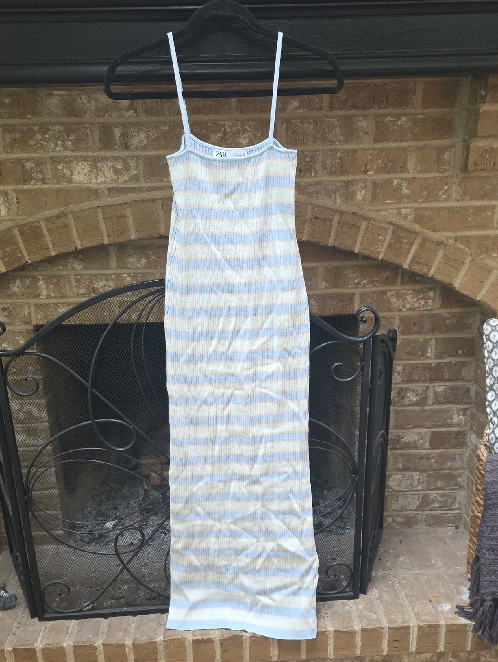 Zara Blue and White Striped Maxi Slip Dress